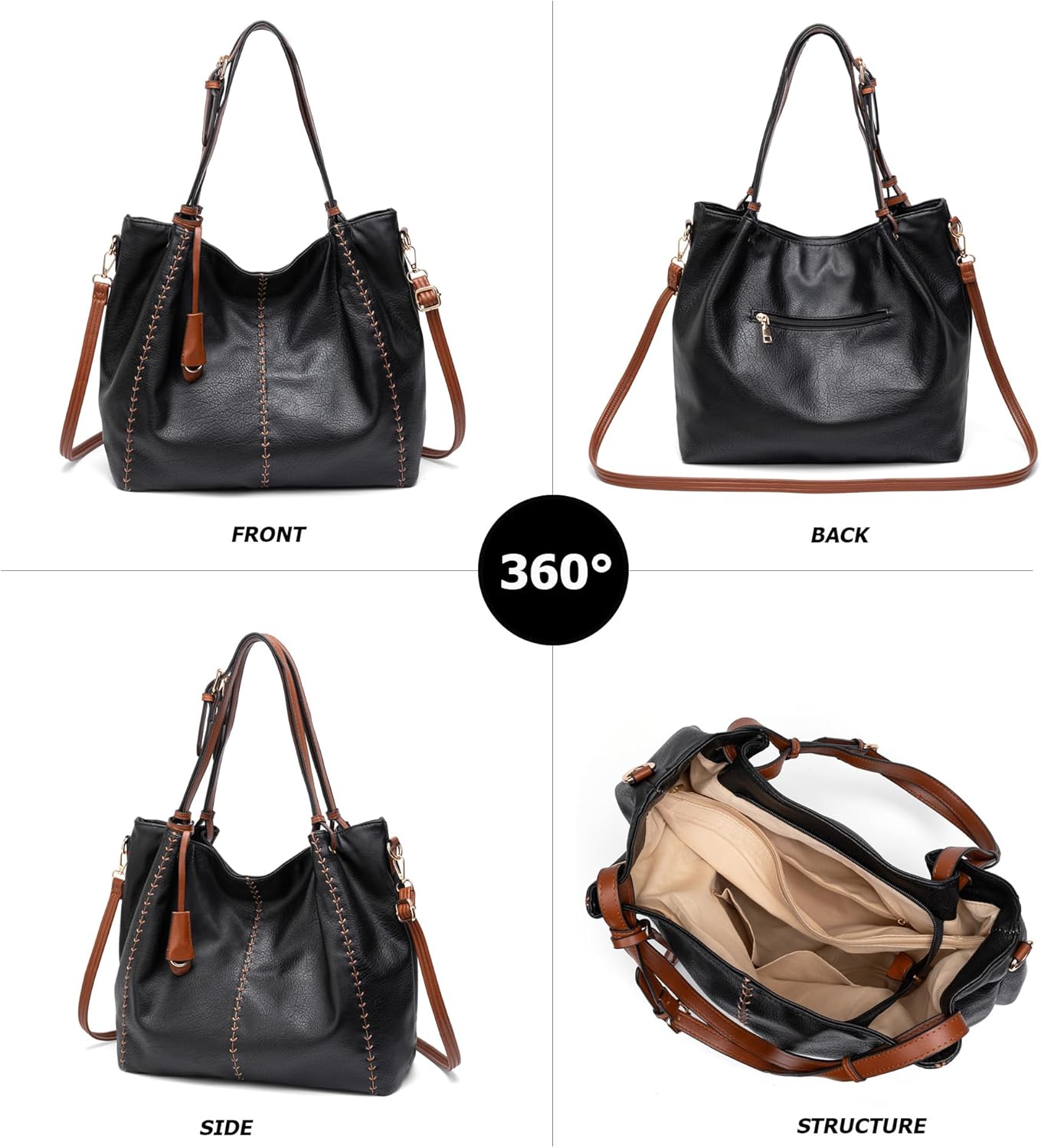 myfriday Vintage Hobo Shoulder Bag for Women Soft Leather Bucket Tote Bag Fashionable Structured Purse with Rivet Detail - Image 5