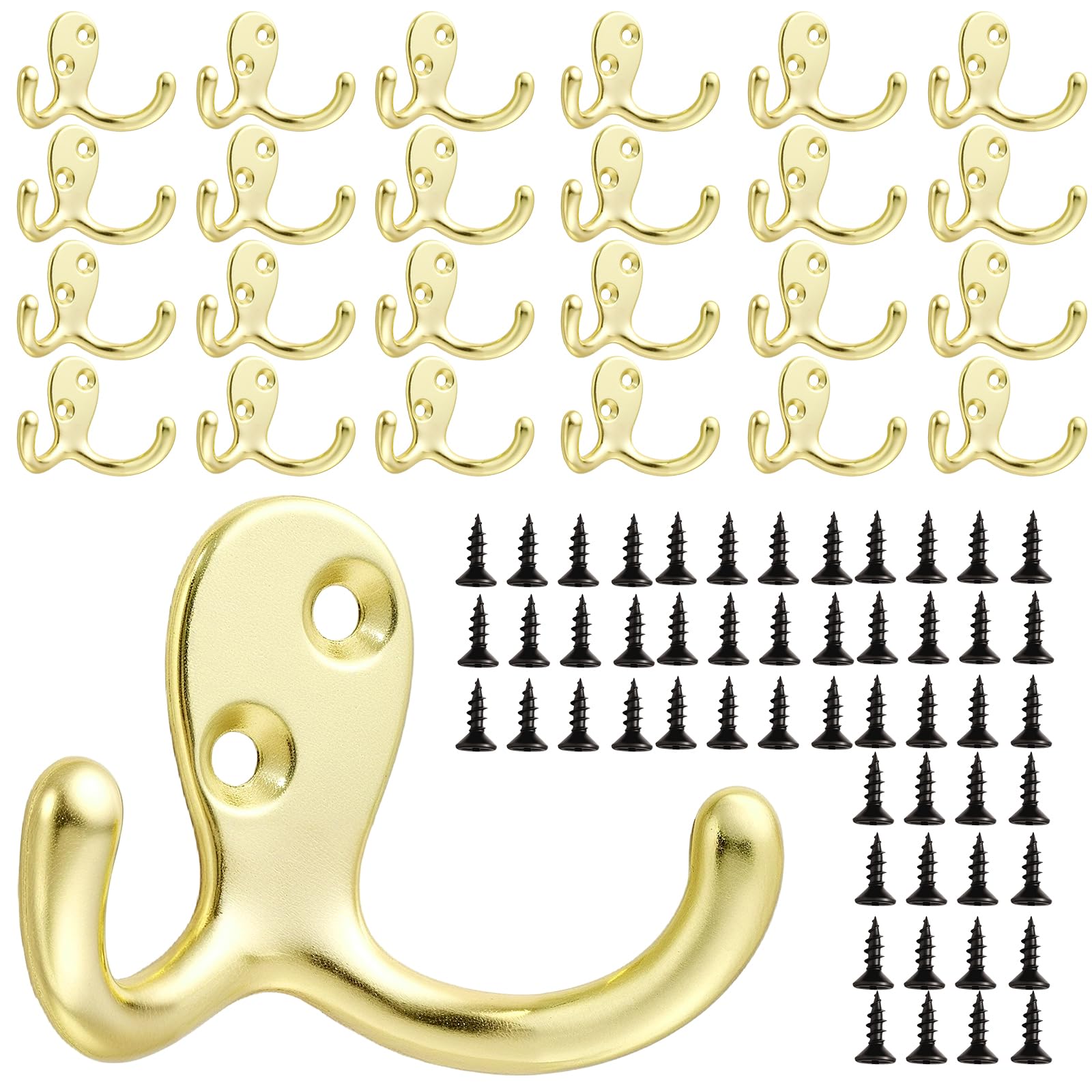 Coat Hooks Wall Hooks for hanging - 25 pack Gold Double Prong Hook Wall Mounted - Great for Living Room, Bedroom, Entryway, Closet for Coat, Bag, Towel, Hat, Key, Cup, Heavy-Duty, Easy to Install