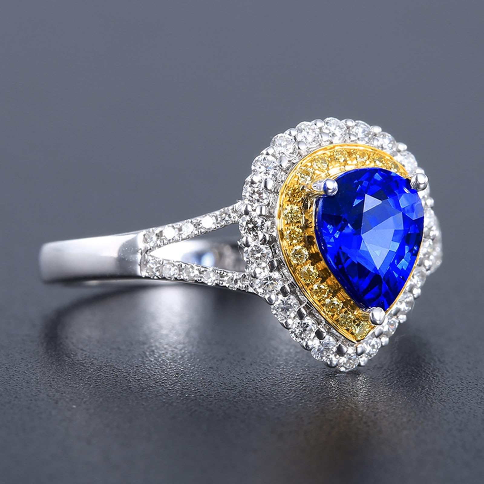 Fedi nuziali in oro bianco 18 carati blu zaffiro pera, anello da donna con zaffiro da 1,0 carati e diamante anello da donna