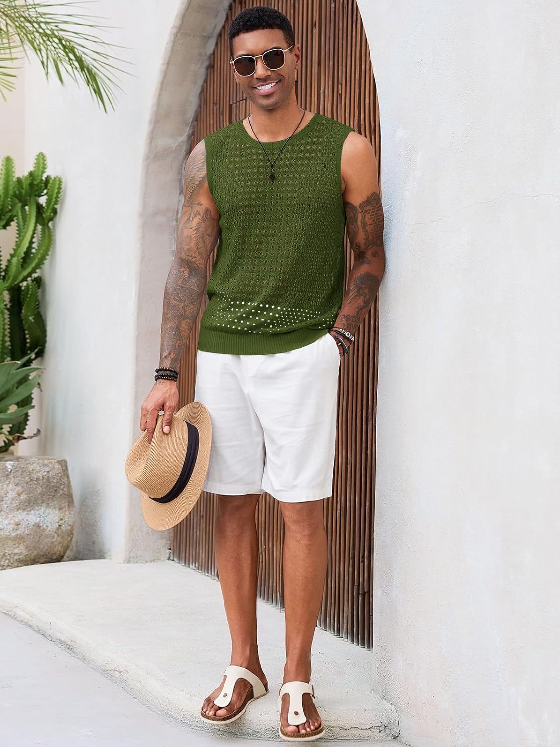 Runcati Mens Knit Sleeveless Tank Tops Casual Hollow Out T Shirts Beach Summer See Through Tops - Image 4