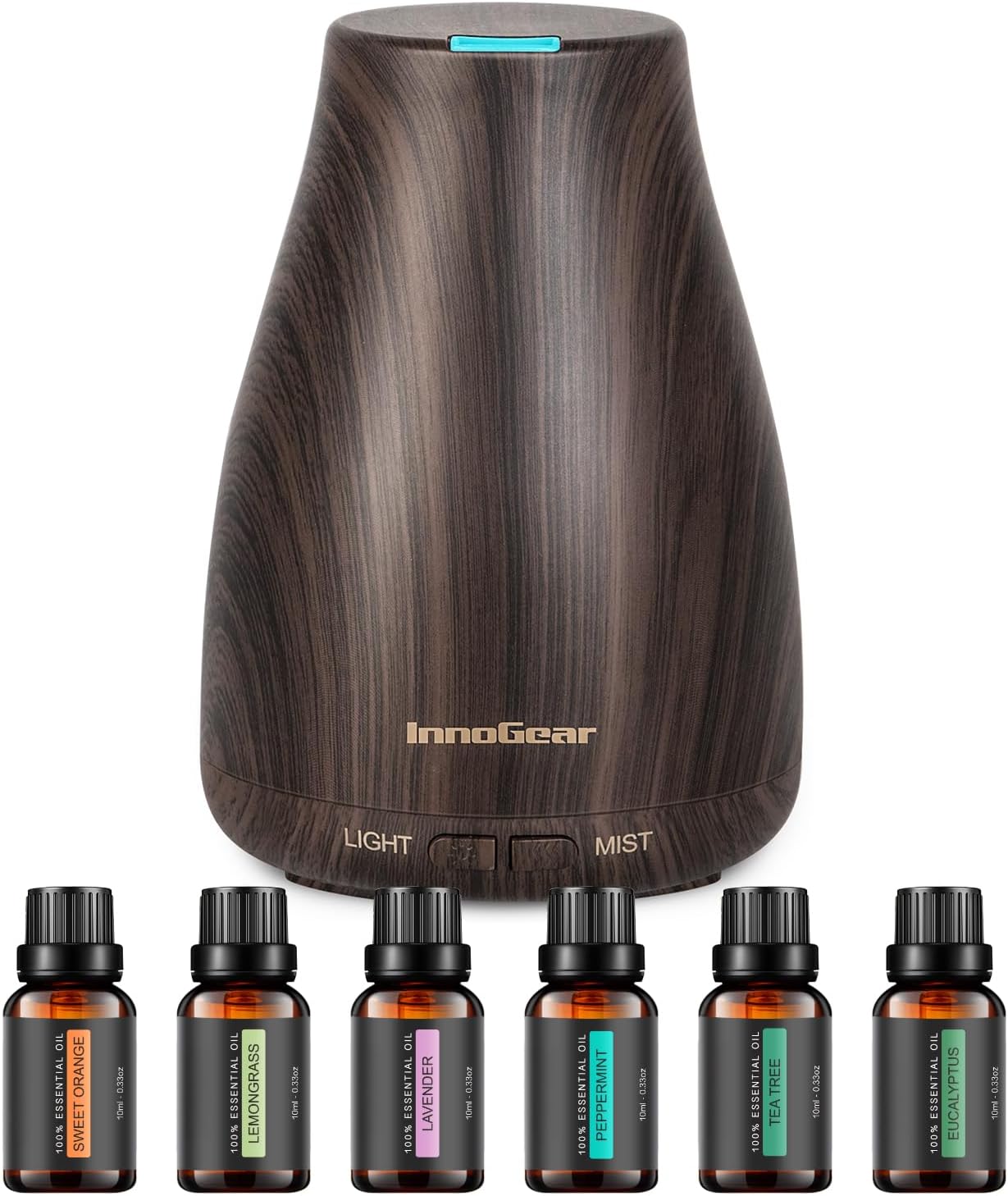InnoGear Essential Oil Diffuser with Oils, 100ml Aromatherapy Diffuser with 6 Essential Oils Set, Aroma Cool Mist Humidifier Gift Set, Dark Wood Grain