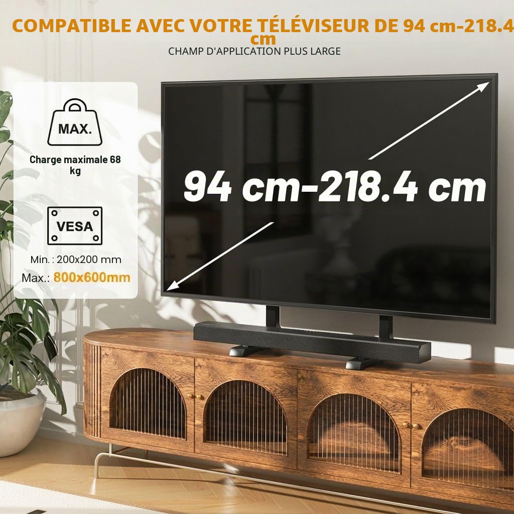 TVON Support TV de Table avec Pieds de TV Réglables en Hauteur, Base de Support TV avec Gestion des Câbles pour Téléviseurs 37 à 86 Pouces, Pieds en Acier Supportent jusqu'à 68 KG, VESA Max 800x600mm