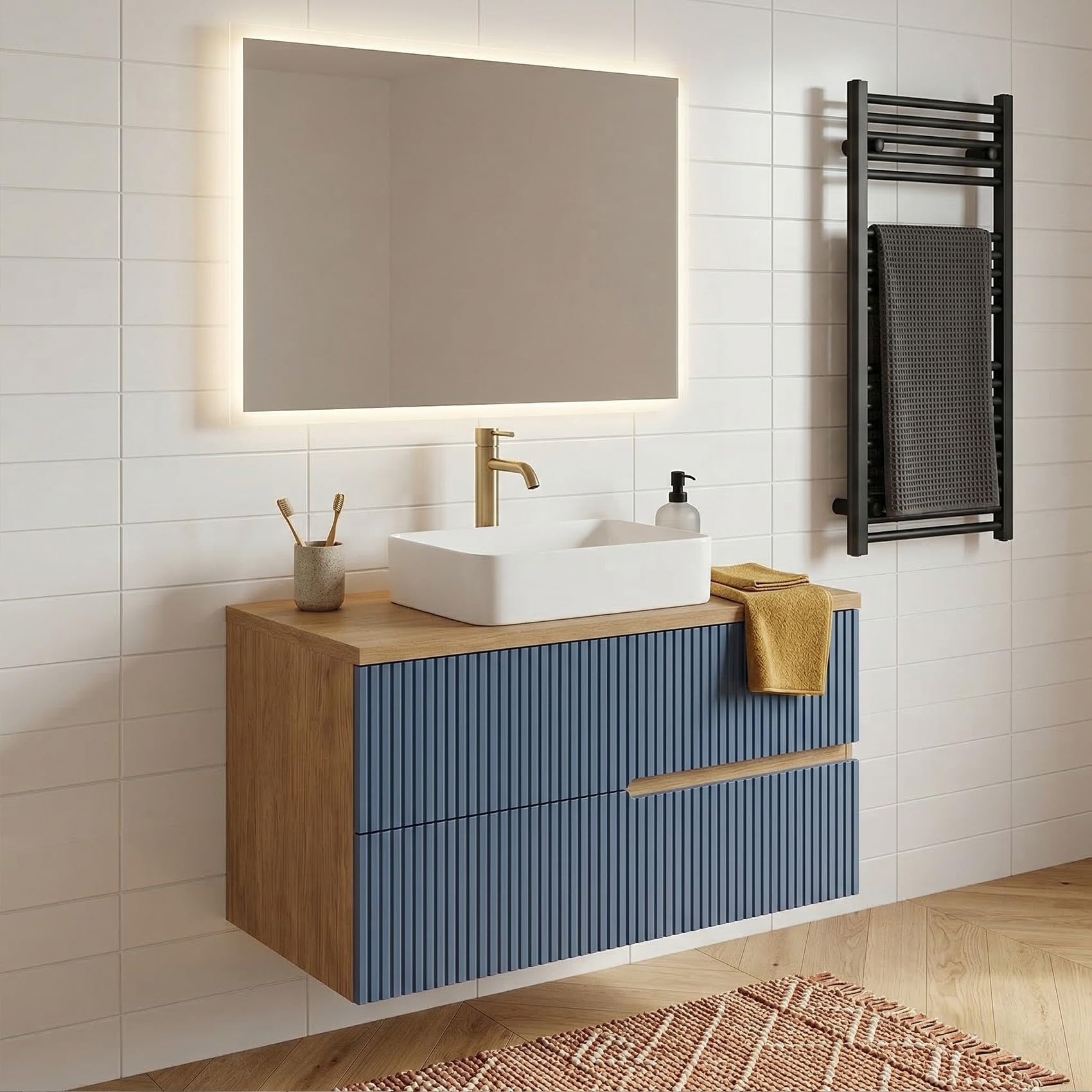 SANIVERRE EVA Meuble Vasque à Poser Suspendu L.100 cm Chêne Naturel 2 Tiroirs Bleu Mer Cannelé (sans Colonne) Salle de Bain