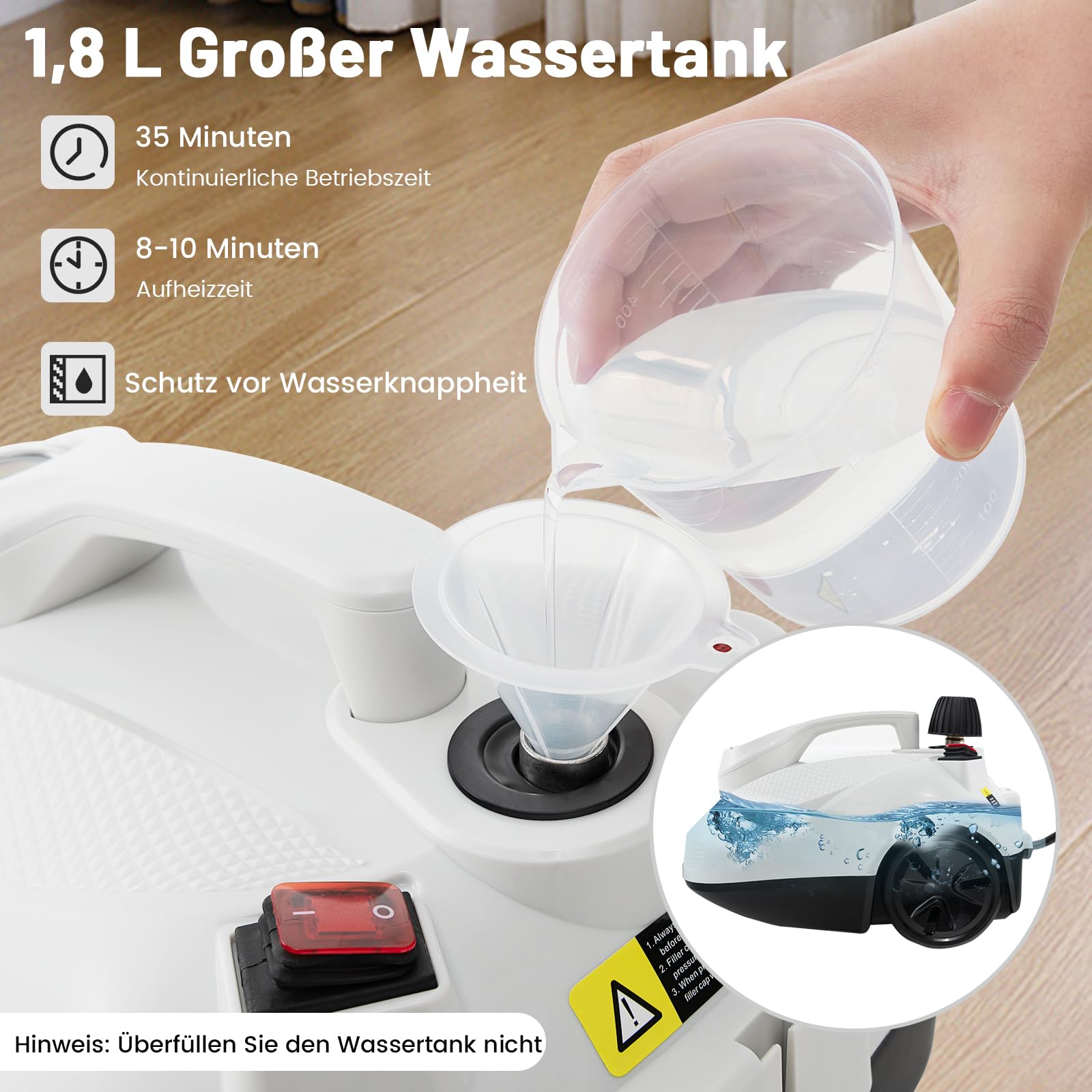 RELAX4LIFE Dampfreiniger 2000W, Dampfdruck: 5 bar, Flächenleistung: 108 m², Tank: 1,8 L, Aufheizzeit: 8 min., mit 22 Zubehörteilen, Dampfsauger für Teppiche, Böden, Fliesen, Fenster, Polster (Weiß)