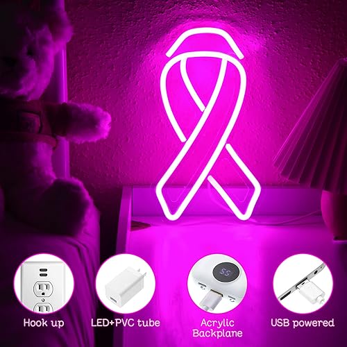 Miniatura 2 de Threan Letreros de neón para decoración de concientización sobre el cáncer de mama, cinta rosa LED, letrero de neón de 11.02 x 6.3 pulgadas, letrero
