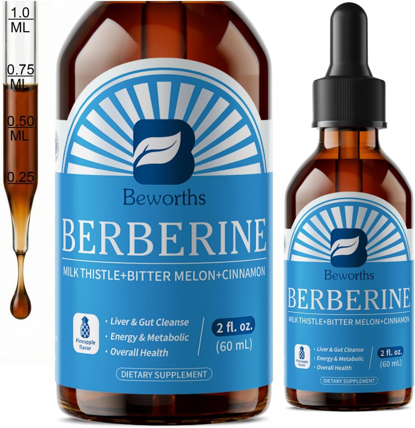 Berberine Supplement Drops with Ceylon Cinnamon, Milk Thistle, Bitter Melon | Berberine HCl Formula with Bitter Melon, Gymnema, White Kidney Bean, 13 Botanical Extracts for Metabolic & Digestion Support