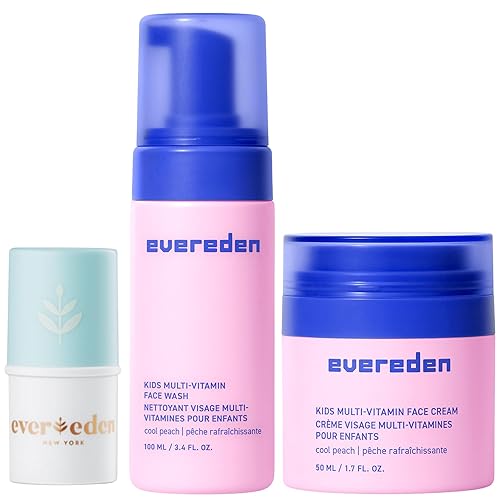 Evereden Kids Happy Face Duo Cool Peach and Baby Lip Balm - Juego de lavado facial multivitamínico para niños, crema facial y bálsamo labial para