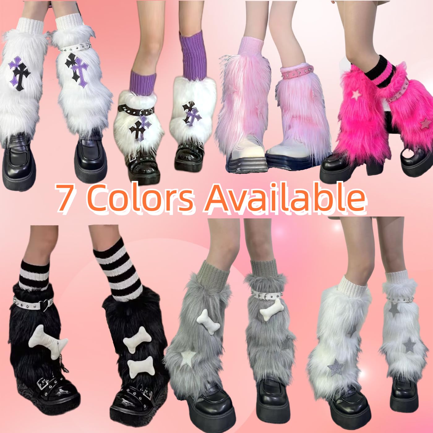 CHERSE Furry Leg Warmers for Women 3in1 Kawaii Star Bone Plush Y2K Leg Socks Pink Lolita Faux Fur 80s Harajuku Punk Gothic: White Cross 3in1