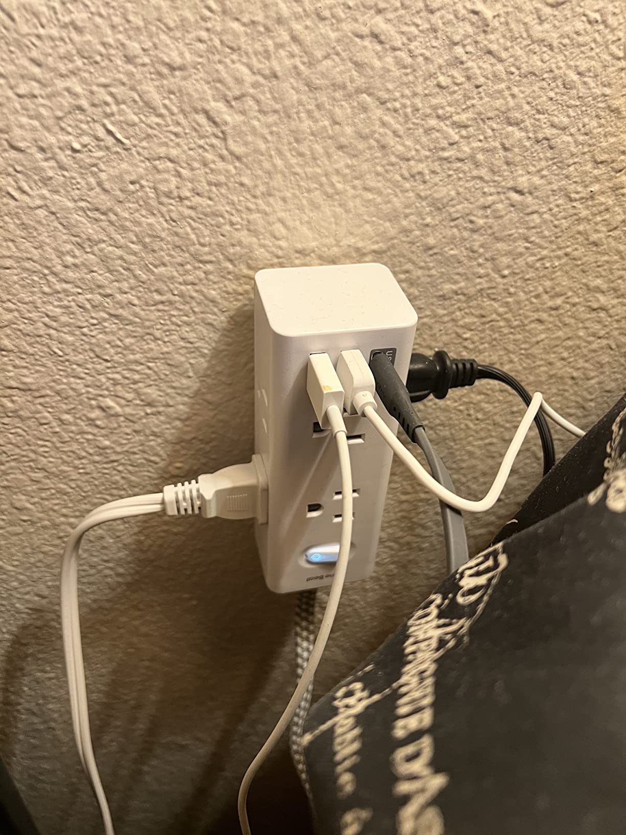 Power strip with USB devices plugged in