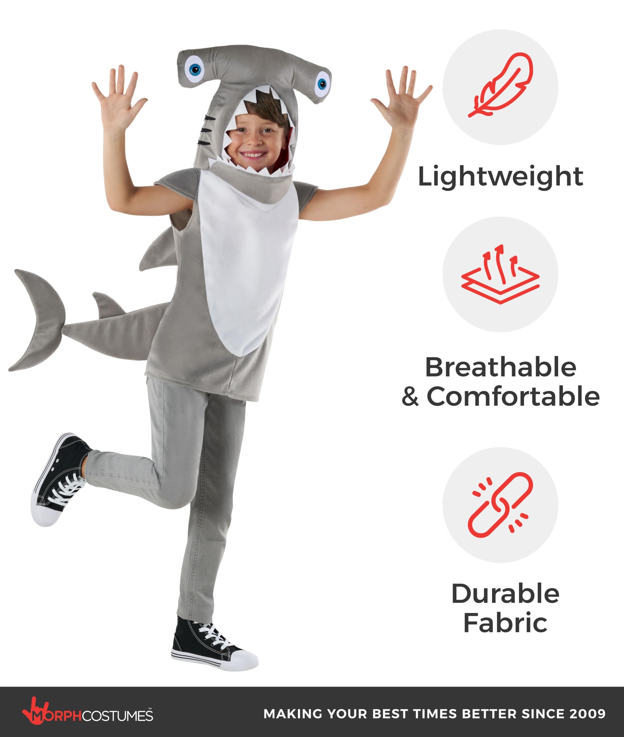 Morph Costume Squalo Martello Bambino, Halloween Bambino | Tunica in Peluche con Testa di Squalo & Coda, Design Squalo Martello, Perfetto per Halloween, Ideale per il Gioco di Ruolo