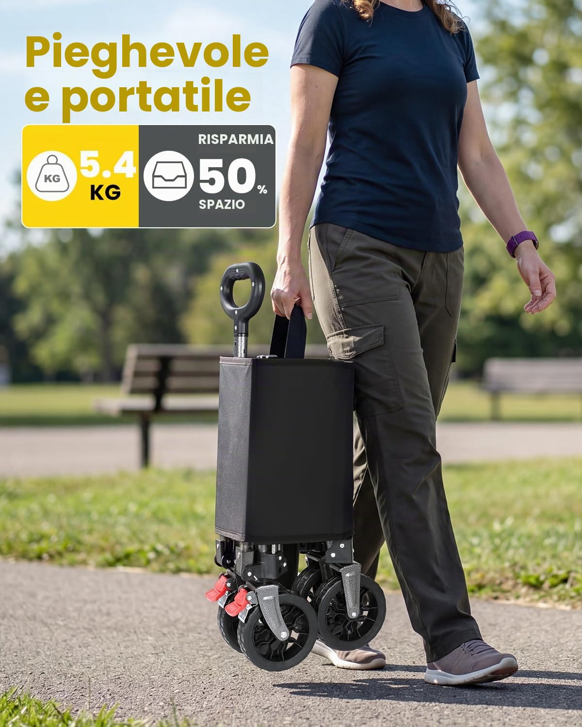 YEAUPE PRO Carrello con Ruote Portatile – 70L, 50kg carico max. – Pieghevole, con zip laterale, rete e manico telescopico – Ideale per campeggio, ufficio e casa – Nero Carbone