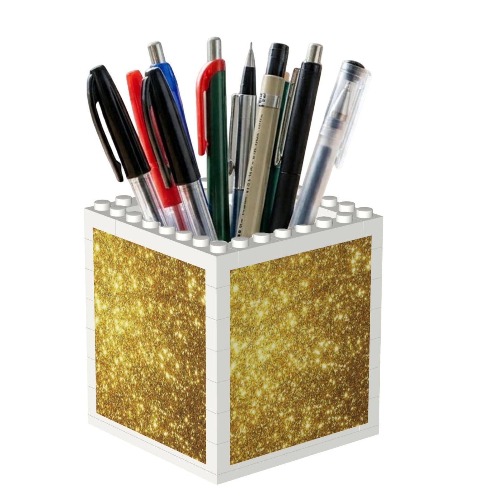 Poadnly Golden Bling Glitter Print, Pen Pot Pencil Holder for Office Home School, Compact Desk Organiser for Office Stationery