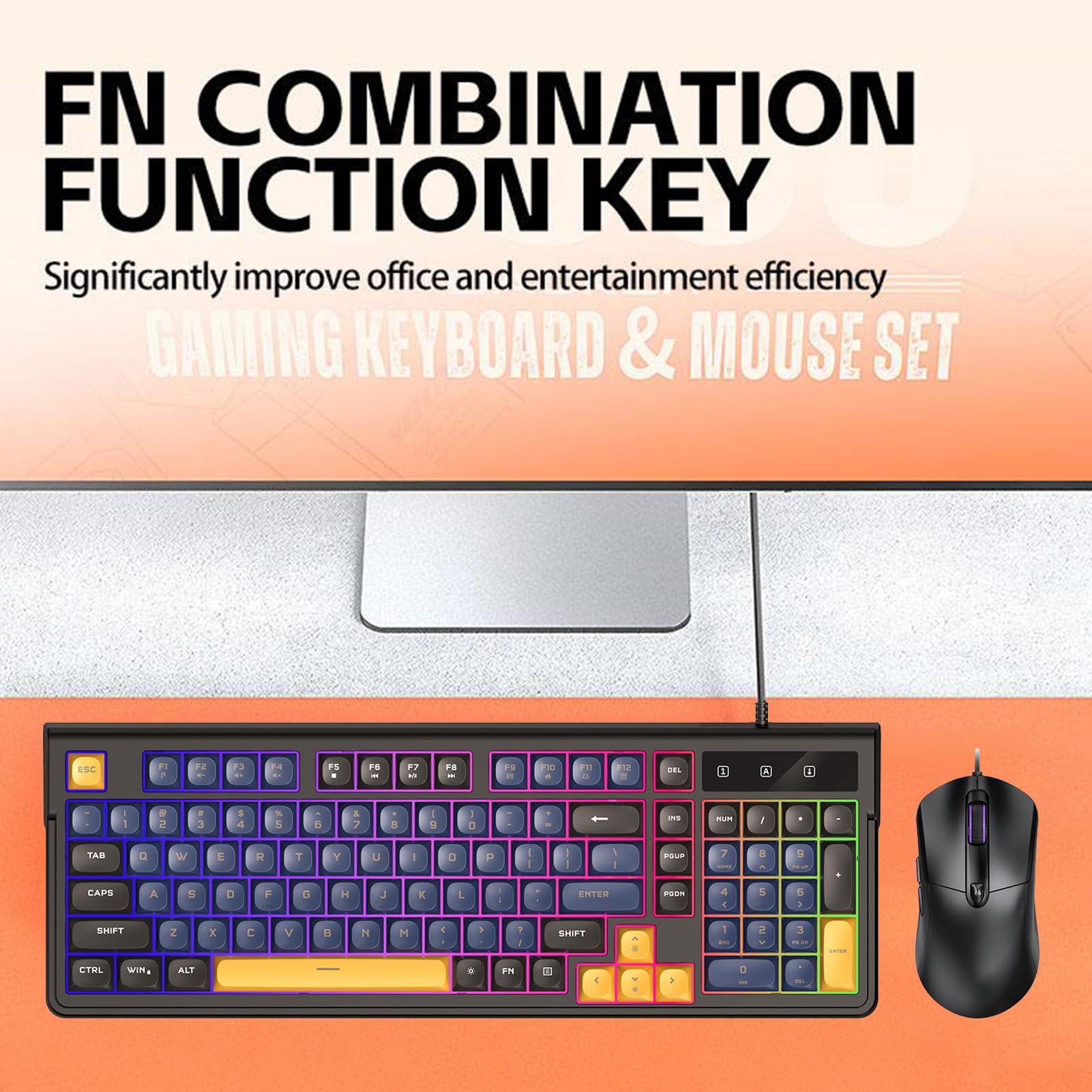 Ergonomiczna Klawiatura i Mysz do Gier z Podświetleniem RGB, Kolorowym Oświetleniem, Kompaktowym Układem, funkcją USB Plug and Play dla, MacOS (Niebieski czarny zestaw)