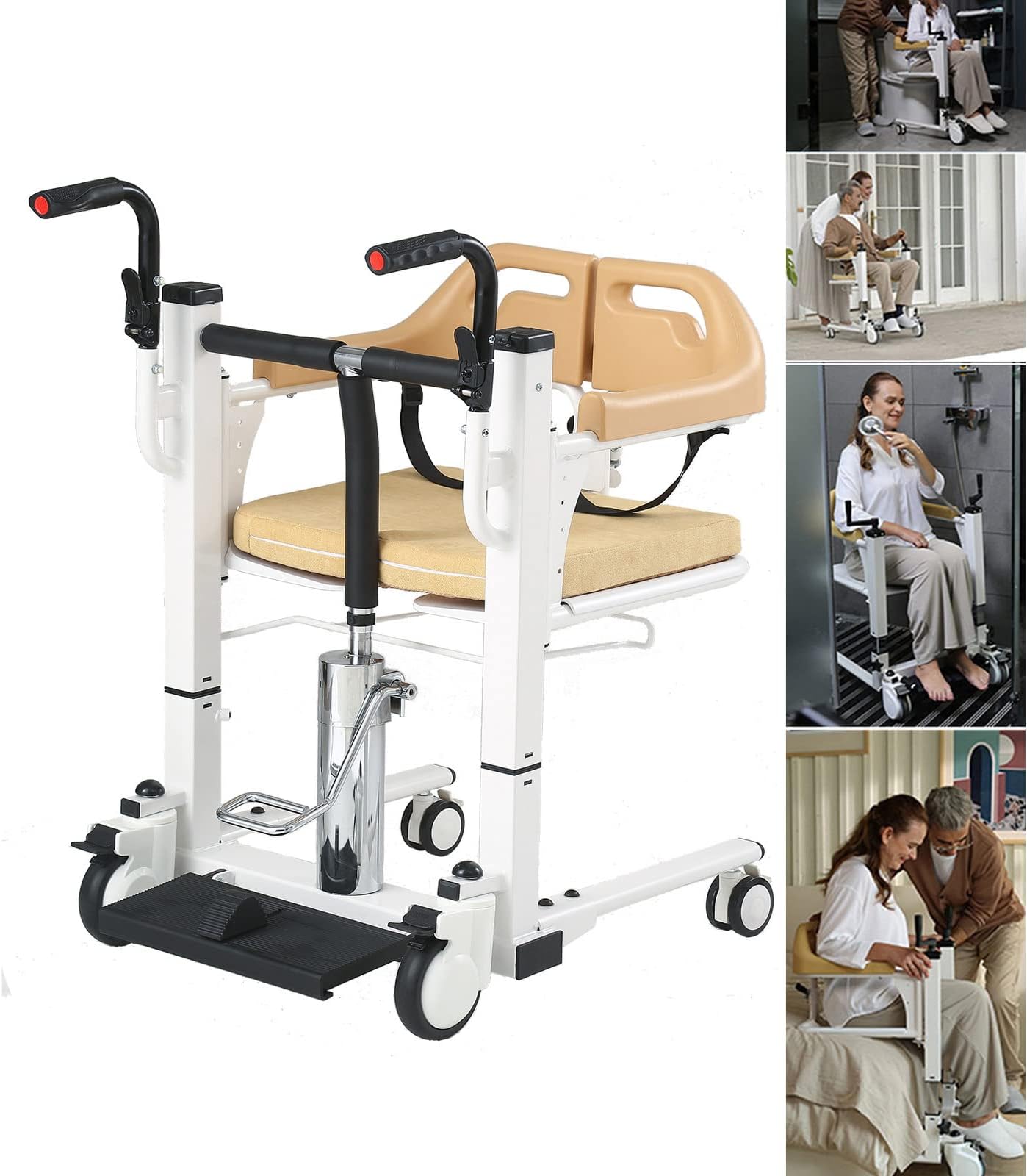 FANGX Hydraulic Patient Lift Transfer Machine With Soft Seat And Toilet Seat,Front And Rear Caster Brakes,Shower Chair For Nursing Paralyzed Elderly、Disabled People,Load 290lbs Manual Wheelchair