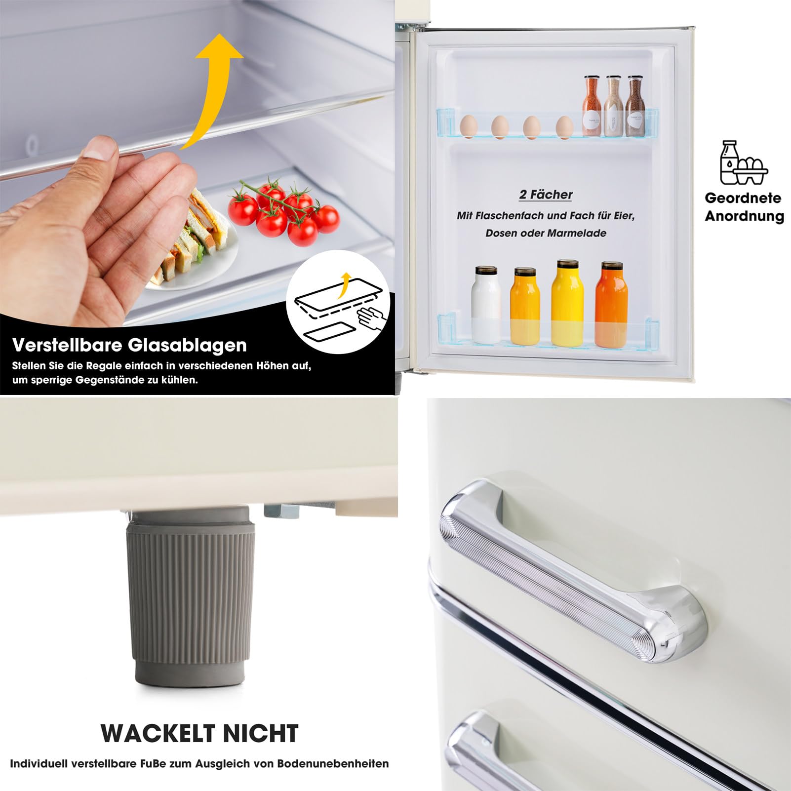 Frigorifero in Stile retrò, Modello a Doppia Porta Superiore e Inferiore, capacità Totale 72 Litri, vano congelatore da 21 Litri, consumo energetico di 120 kWh/Anno, Illuminazione a LED White