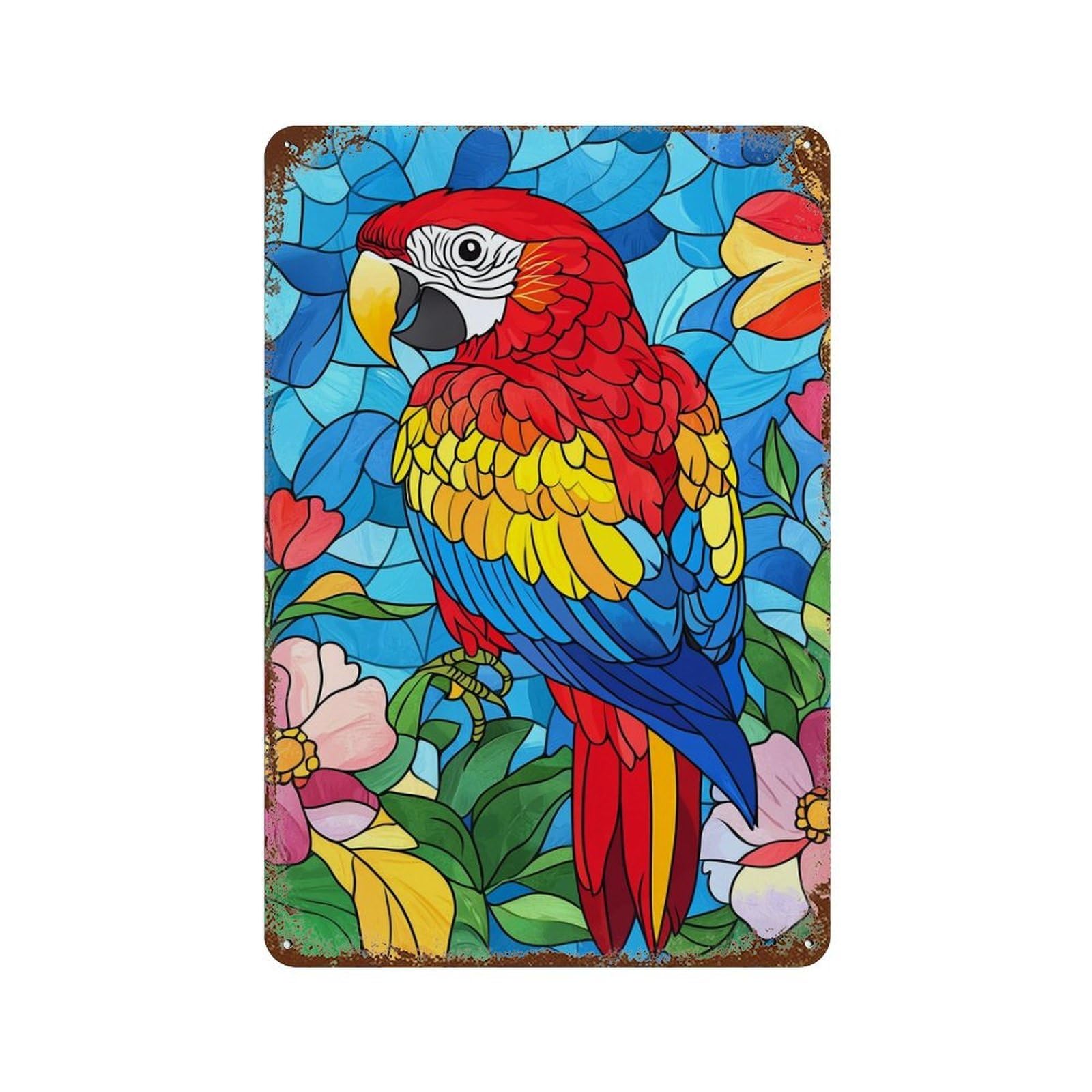 Rust Effect Stained Glass Parrot Art Print-1 Rustic Tin Plaque 11.8"x7.9", Classic Wall Plaque for Shed, Workshop And Garage Wall Decor