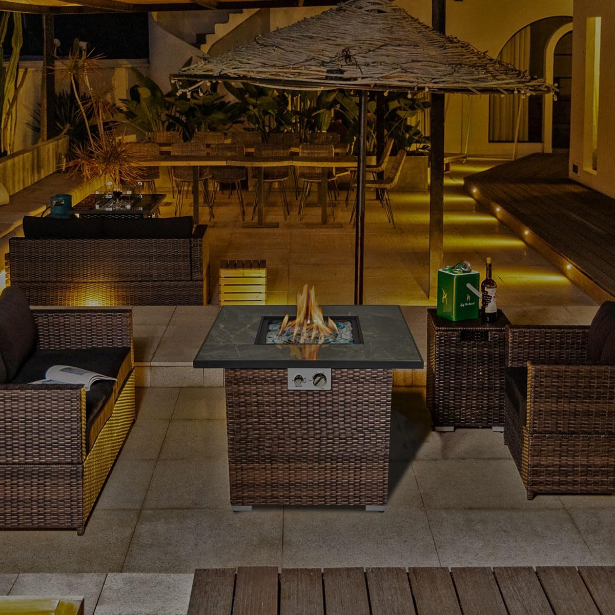 30'' Propane Fire Pit Table, Marble Textured Ceramic Tabletop, 50,000 BTU Fire Table with Brown Wicker, Mix Color Glass Rocks, Including Lid&Cover, Square