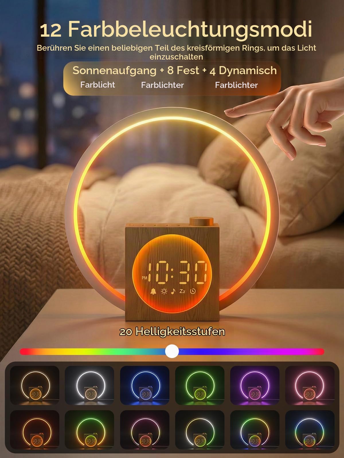 Tageslichtwecker Touch, Lichtwecker mit USB Ladefunktion | Sunrise Alarm Clock mit 20-Stufig Dimmbares, 30 Beruhigende Klänge, 12 Lichtmodi, Snooze, für Schlafzimmer