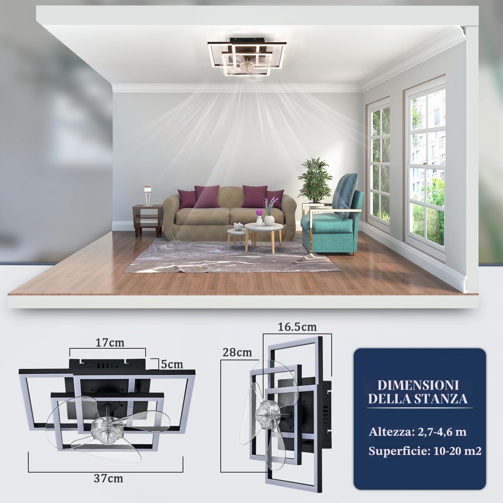 Homefire Ventilatore da soffitto con illuminazione silenzioso dimmerabile | Lampada da soffitto LED con ventilatore e telecomando 3000K-6500K 6 velocità moderno nero e timer per soggiorno e cucina