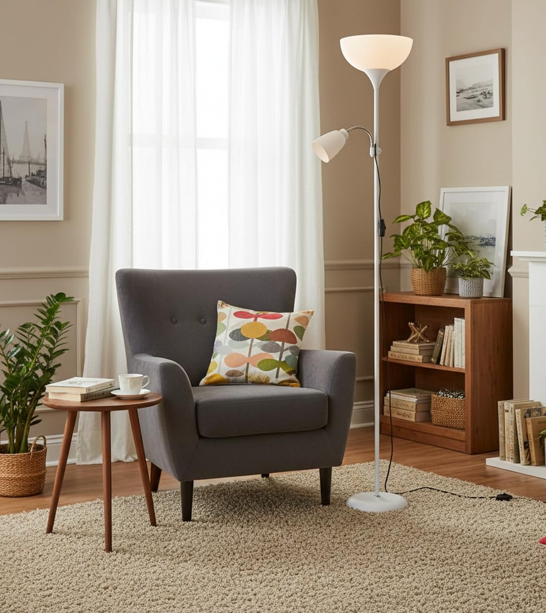 BEL AIR HOME | Lámpara de pie VARESE | 178CM, blanco, aluminio | Brazo lector orientable, doble portalámparas E27 y E14, interruptor deslizante | Iluminación salón moderna y funcional