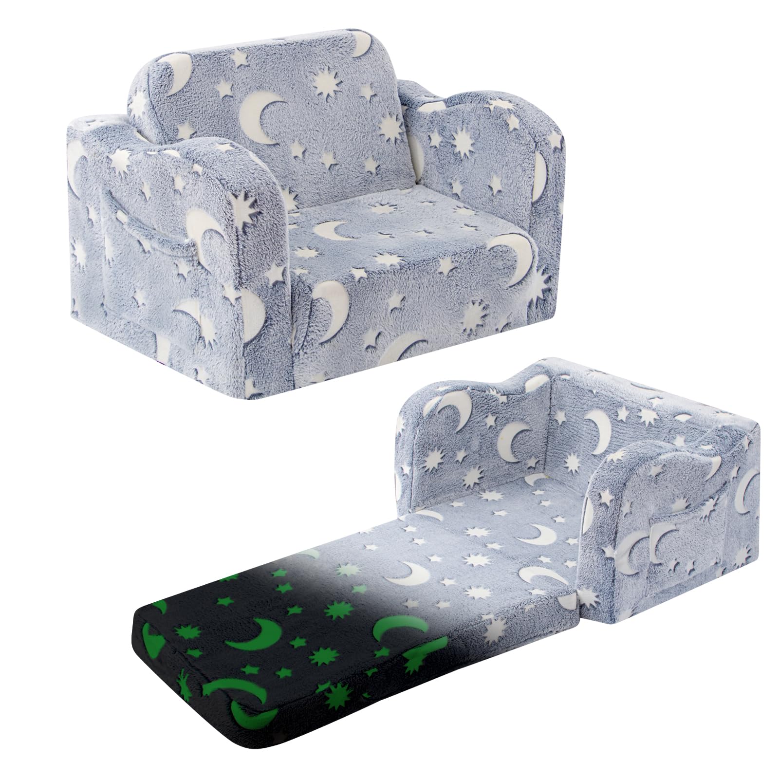 Kids Toddler Chair, 2-in-1 Toddler Couch Fold Out, Convertible Chairs for Toddlers Comfy Sofa to Lounger with Glow in The Dark Feature, Soft for Girls and Boys, Glowing Star