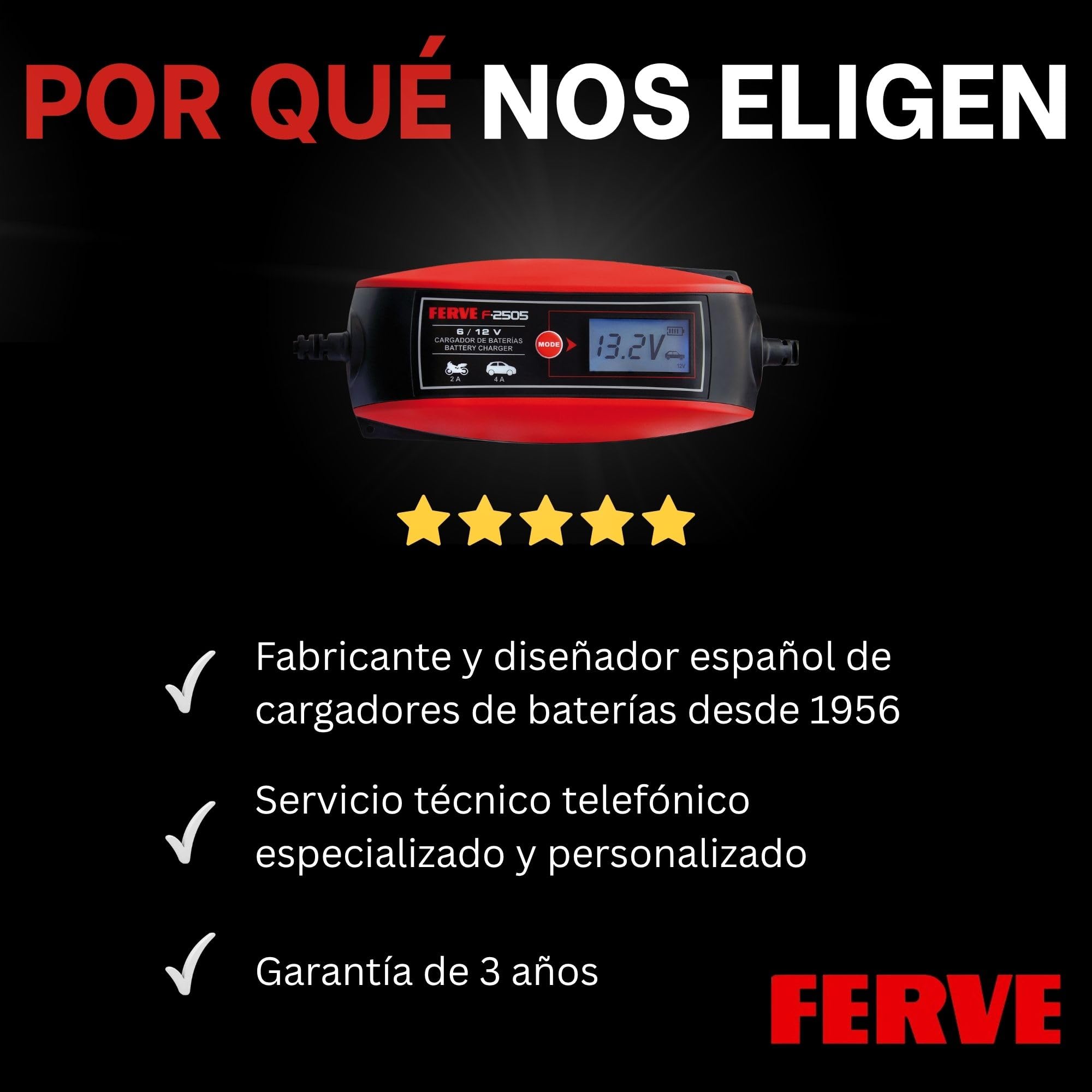 Ferve F-2505 Cargador de baterías, Negro, Rojo