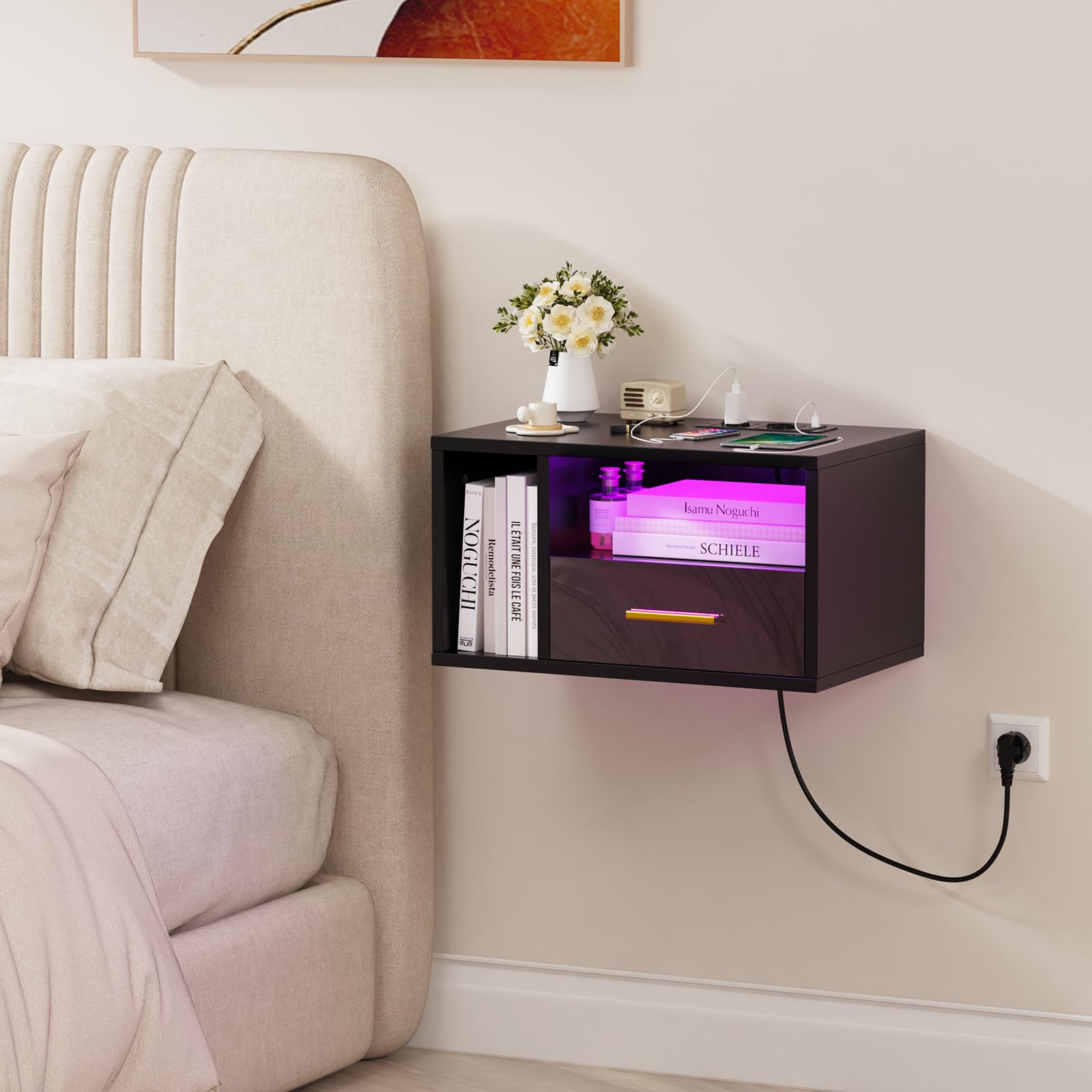 Comodino Sospeso con LED, Comodino Pensile con Stazione di Ricarica e 1 Cassetto, Vetro, Moderno, Comodini Sospesi per Camera da Letto. (Nero-o, 46.5x30x25.5cm)