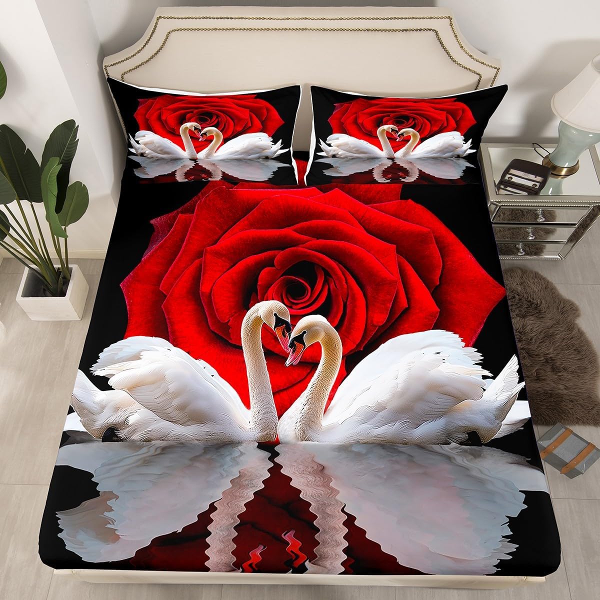 White Swan Fitted Sheet & Pillow Case Set Red Rose Bedding Sets Full Size,Birds Wildlife Bed Sheets,Romantic Wildlife Bedding Decor Set Couple Bedroom Decor for Adult Man, Wedding Festival Party Decor