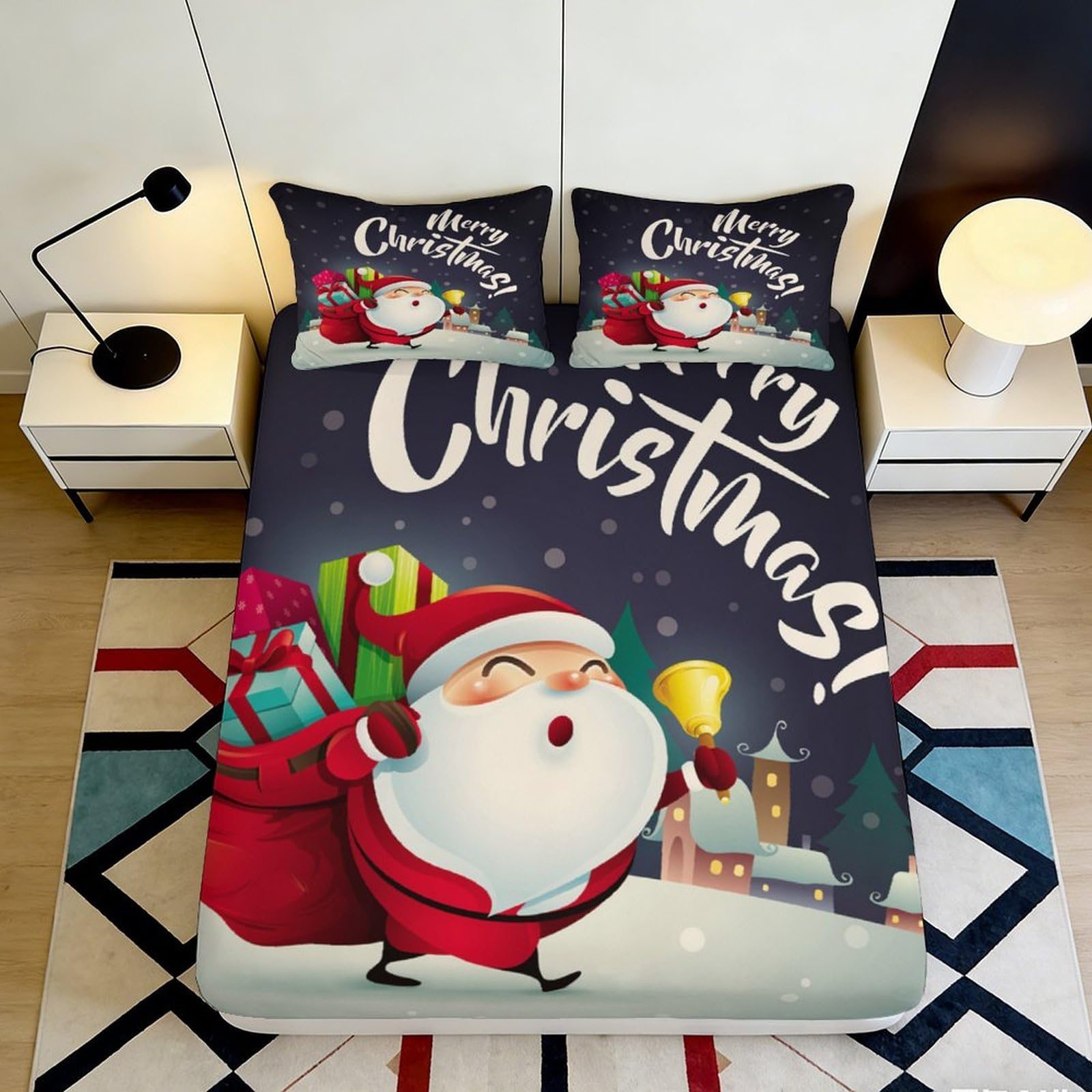 3D Printed Santa Fitted Sheet Microfiber Deep Pocket Non-Slip Bedroom Bedding Christmas Mattress Fitted Cover Full Wrap Washable for Adults Teen 200x200x25cm 90x200x25cm