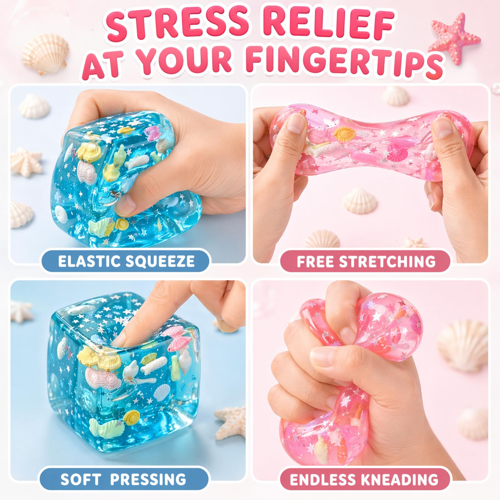 2 Stück Squishy Ice Cube Stresswürfel, 5.5CM Nice Ice Cube Squishy, Ozean Muscheln Eiswürfel Fidget Toys, Relief Sensory Squeeze, Anti Stress Sensorik Geschenke Spielzeug für Kinder & Erwachsene