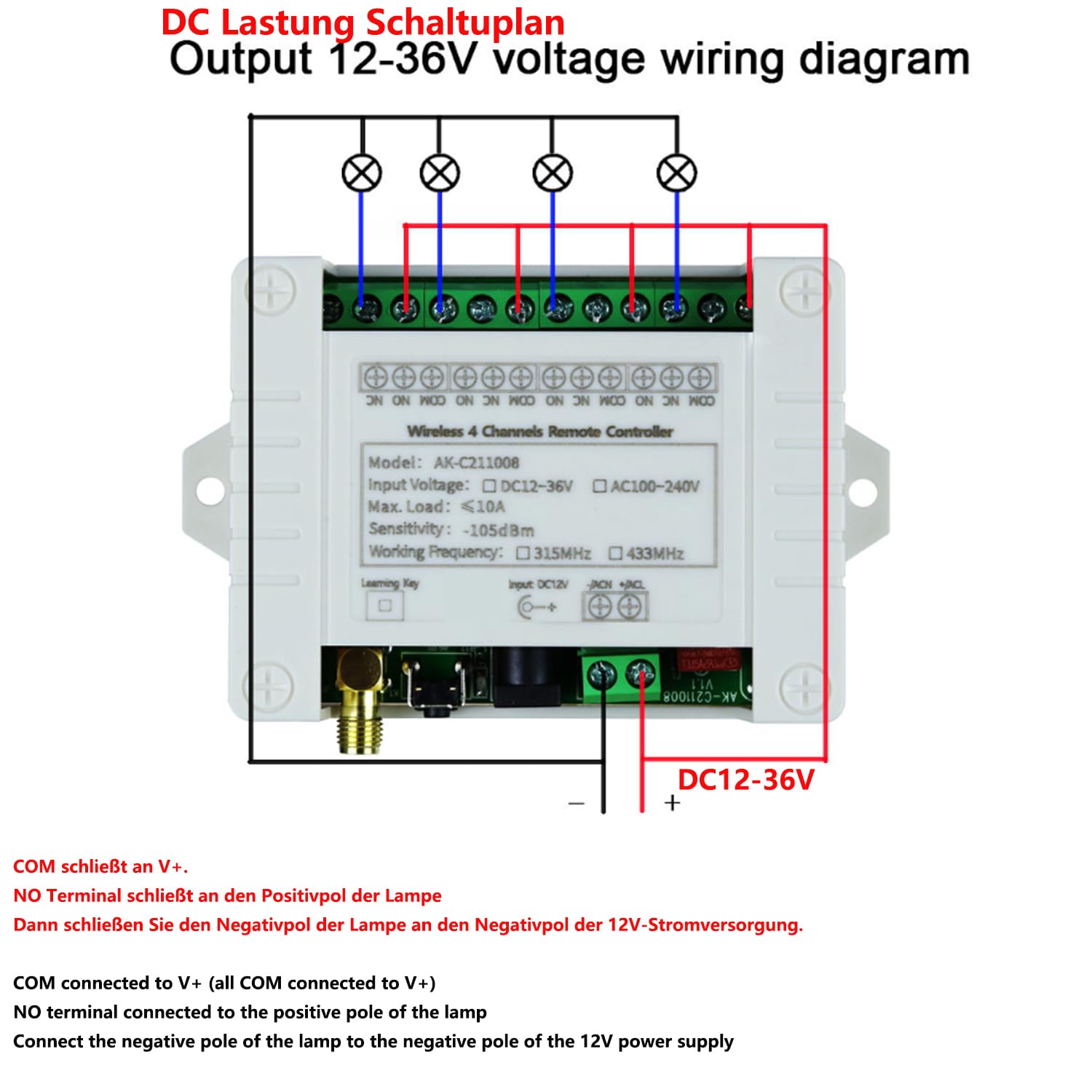 DC 12 V 24 V 36 V 4 canali RF telecomando senza fili ricevitore radio con 200 m 300 m alta portata telecomando industriale impermeabile