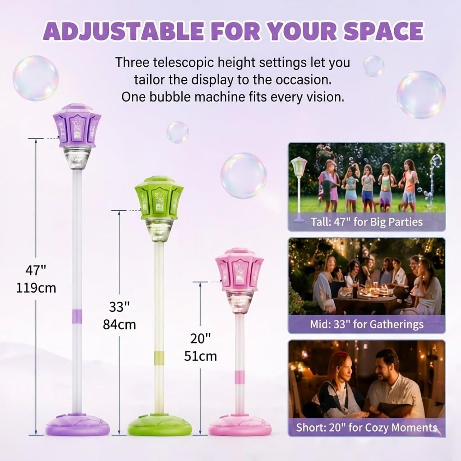 Standing Bubble Machine, Street Lamp Bubble Blower with Lights & Music, Adjustable Height 47"-20", Remote Control Bubble Maker for Parties, Weddings, Garden & Outdoor Decor (Blue + Remote Control)