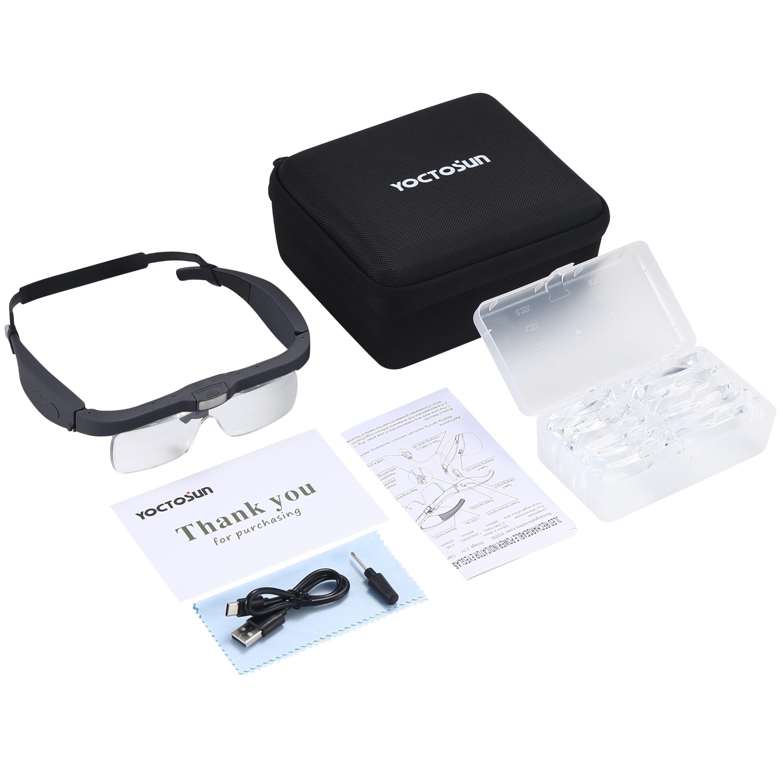YOCTOSUN Auriculares de aumento con 3 luces LED, estuche de almacenamiento, correa para la cabeza y 5 lentes desmontables 0.75X, 1.25X, 2.0X, 3.0X 4.0X, lupas para trabajos cercanos, joyas