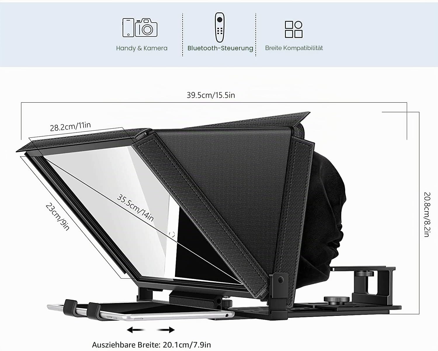 TX12 Teleprompter mit Fernbedienung, App-Steuerung, 33 cm, Metall, kompatibel mit iPad, DSLR-Kamera, zusammenklappbar mit Tragetasche, einfach zu montieren