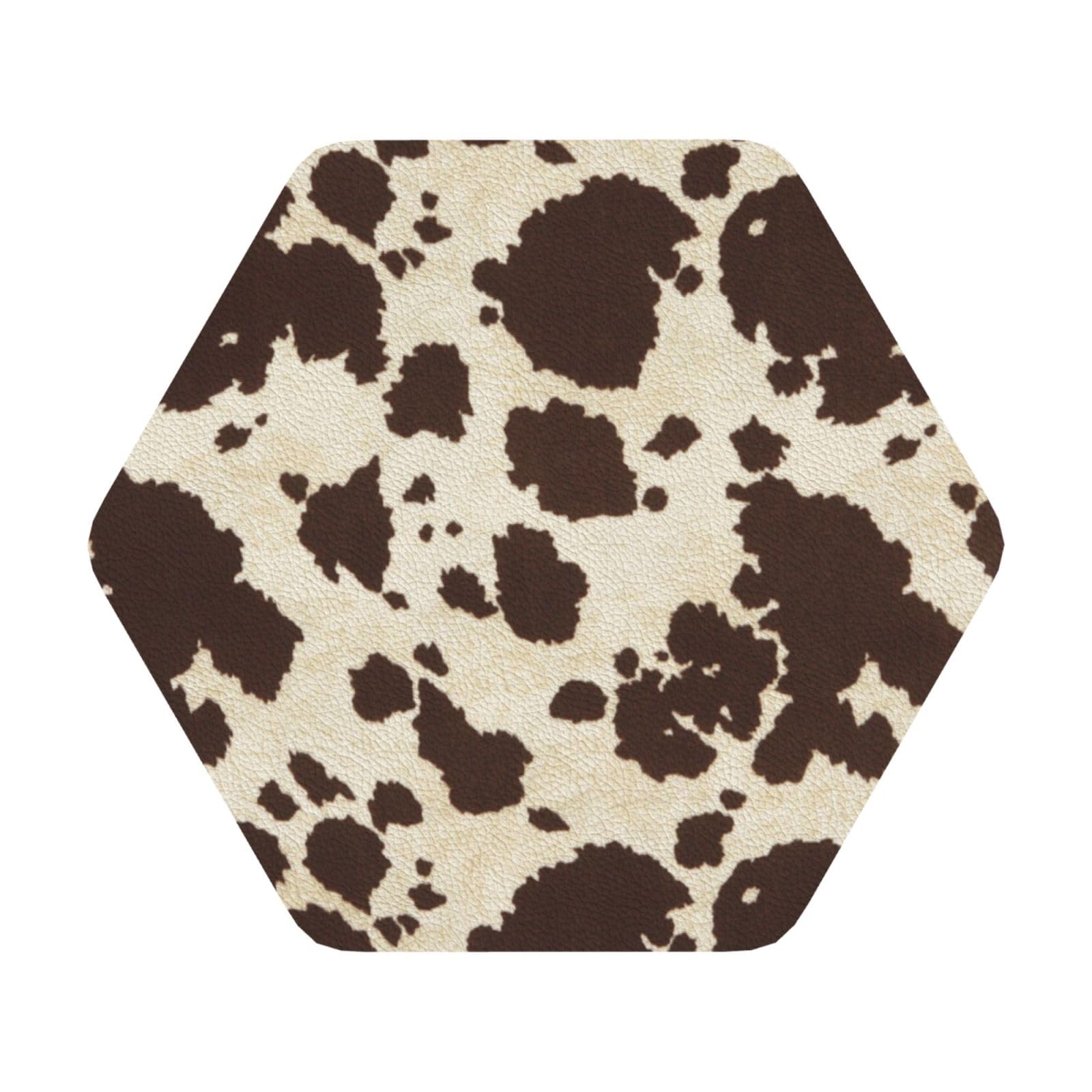 brown Cow Spots PU Leather Coasters Set of 6 Hexagon Drink Coasters