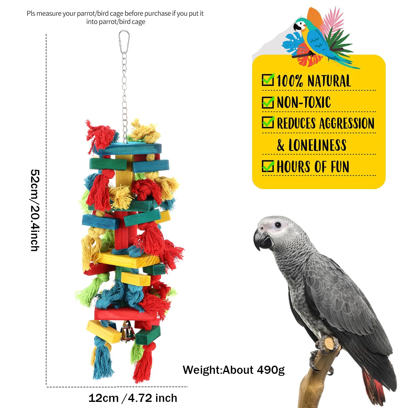 AQH Jouets pour Grands Oiseaux, Jouet Perroquet, pour Jouet Perruche en Bloc Bois Naturel pour perroquets Gris africains, aras, cacatoès, perroquets amazoniens et Autres perroquets de(Multicolor A)
