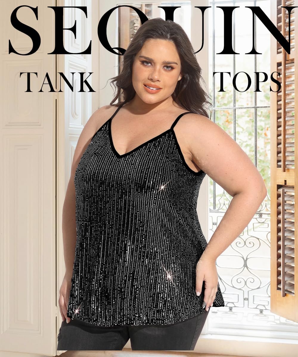 TIYOMI Plus Size Tank Tops for Women Sexy V Neck Strappy Sequin Sparkle Shimmer Camisole Glitter Party Sleeveless Tops - Image 3