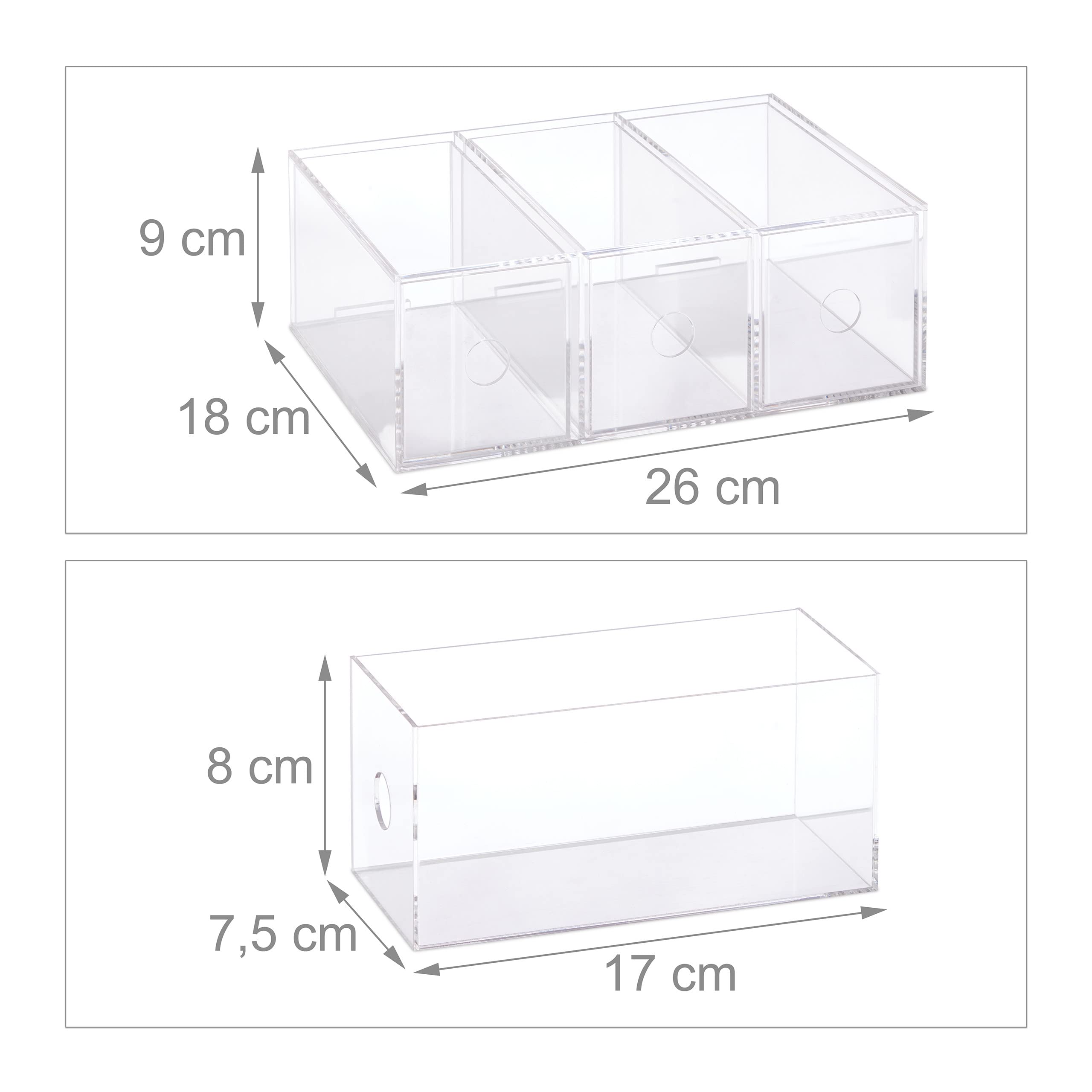 Relaxdays Caja Té, Acrílica, 3 Cajones, 9 x 26 x 18 cm, Cajita Organizadora Bolsas Infusiones, Cosméticos, Transparente