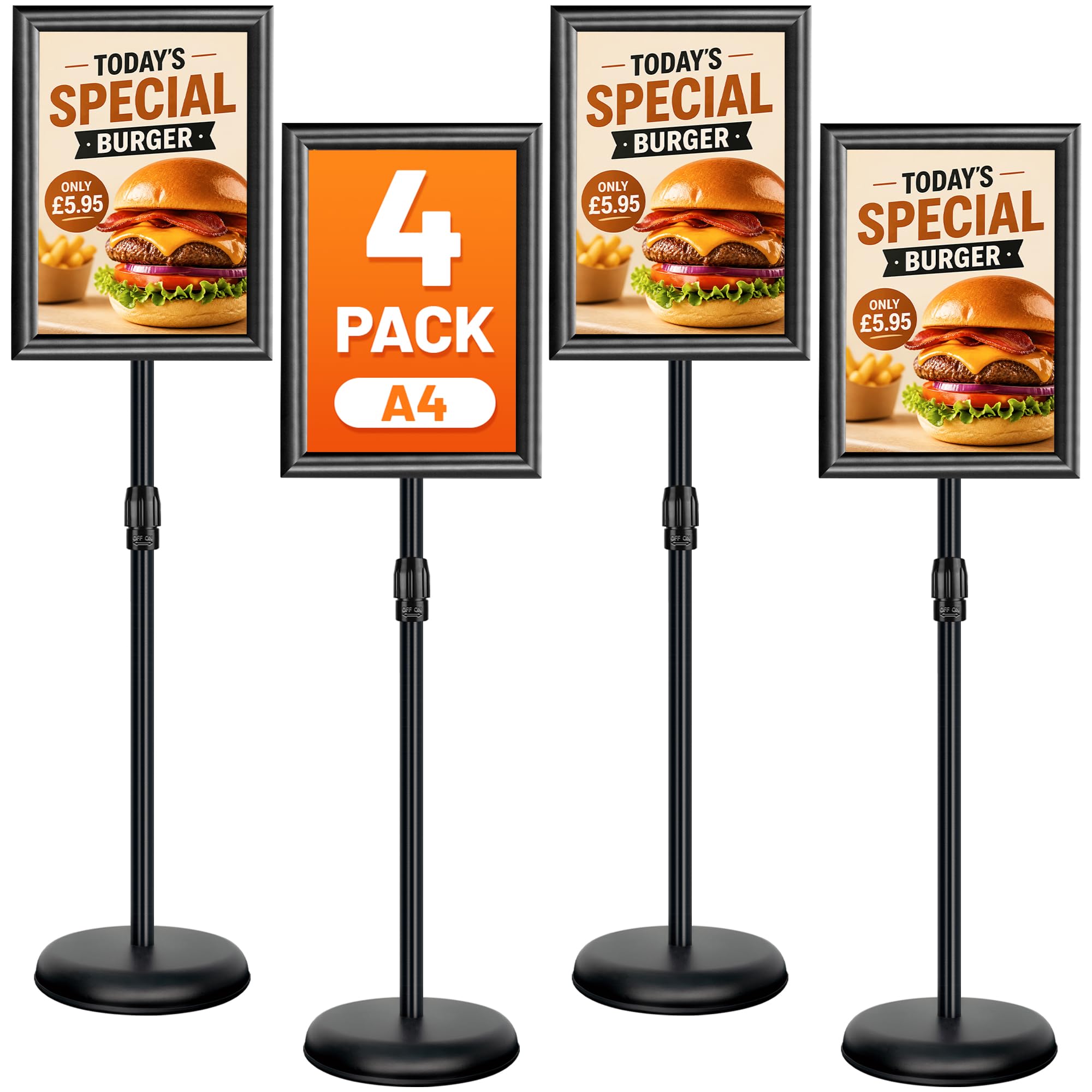 A4 Sign Stand 4Pack Adjustable Poster Stand, Aluminium Sign Holder Floor Standing for Display Advertising, Signage, Menu, Poster, Notice - Display Holders for Restaurant/Business/Wedding/Event, Black