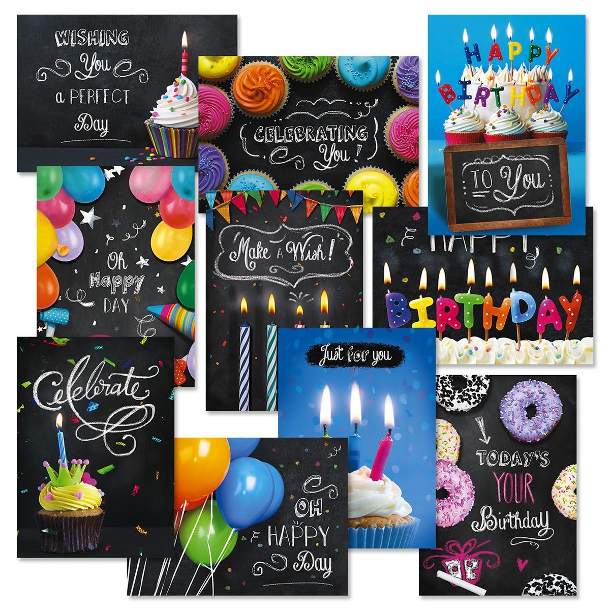 Current Blackboard Happy Birthday Greeting Card Set - Value Pack of 20 Cards With White Envelopes, 10 Designs, Large 5" x 7" Assortment