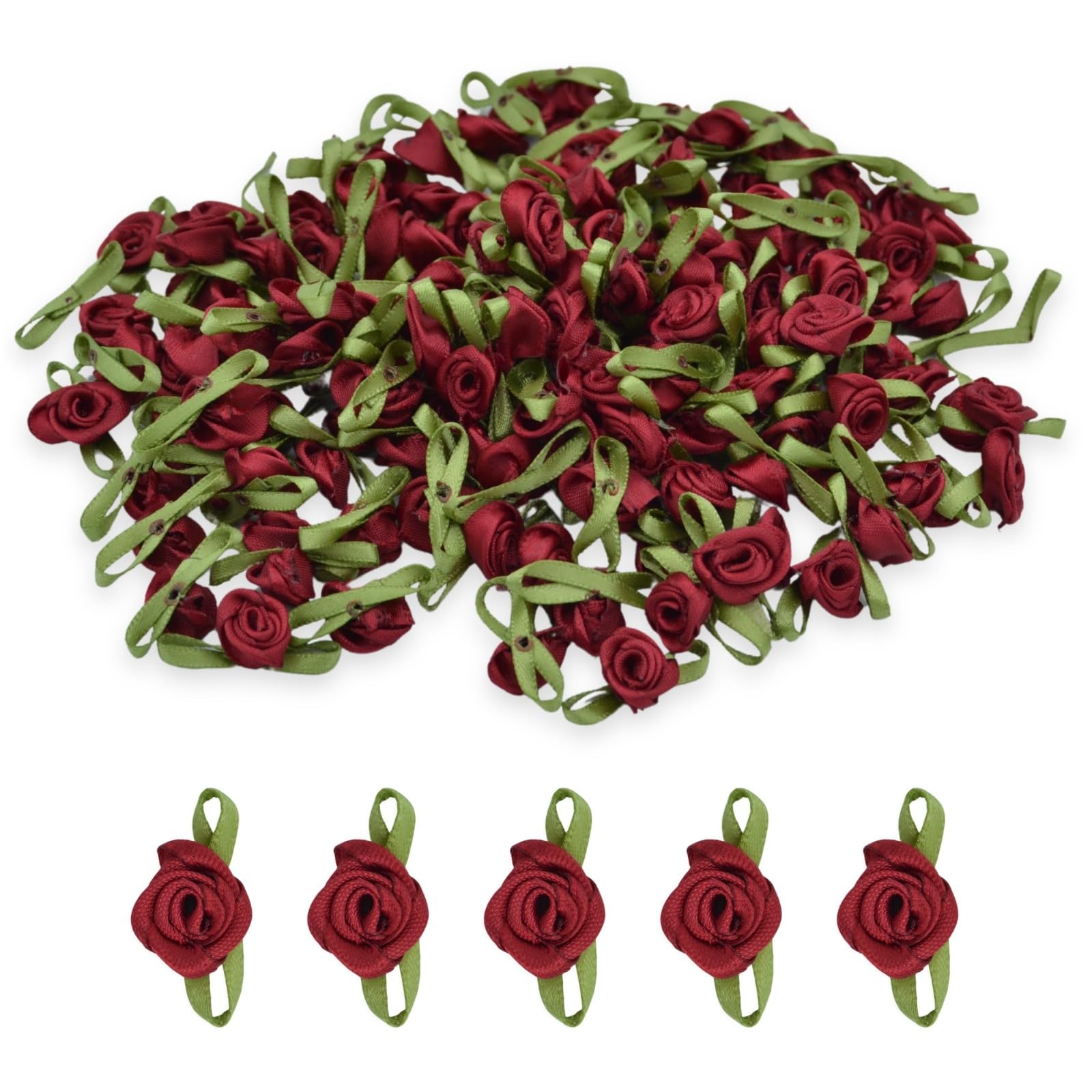 celloexpress 15mm Burgundy #25 Satin Ribbon Roses with Green Leaves - Small Flower Buds - Crafts, Embellishments (Pack of 50)