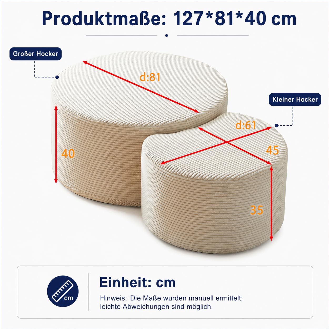 Cord Sitzhocker 2er Set Rund, Sitzpouf Beige aus Cord-Stoff, Fußhocker Wohnzimmer, Kaffeetisch Alternative, Pouf Set Groß & Klein, Ø72x38cm