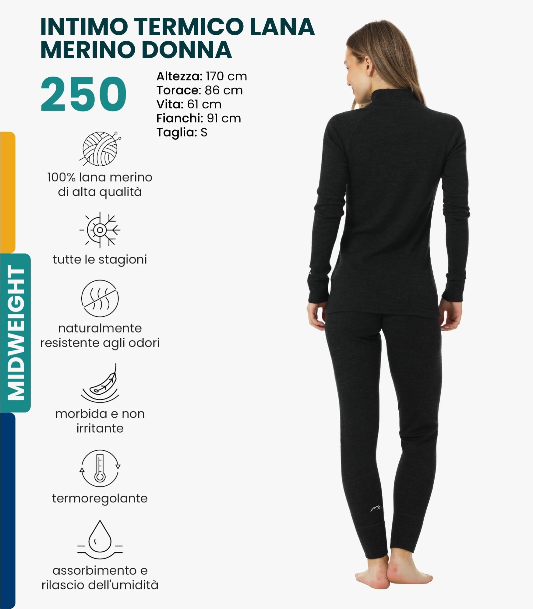 Merino.tech Completo Lana Donna Merinos - Intimo Termico Merino Maglia e Pantalone con Calzini Leggero, Medio, Pesante