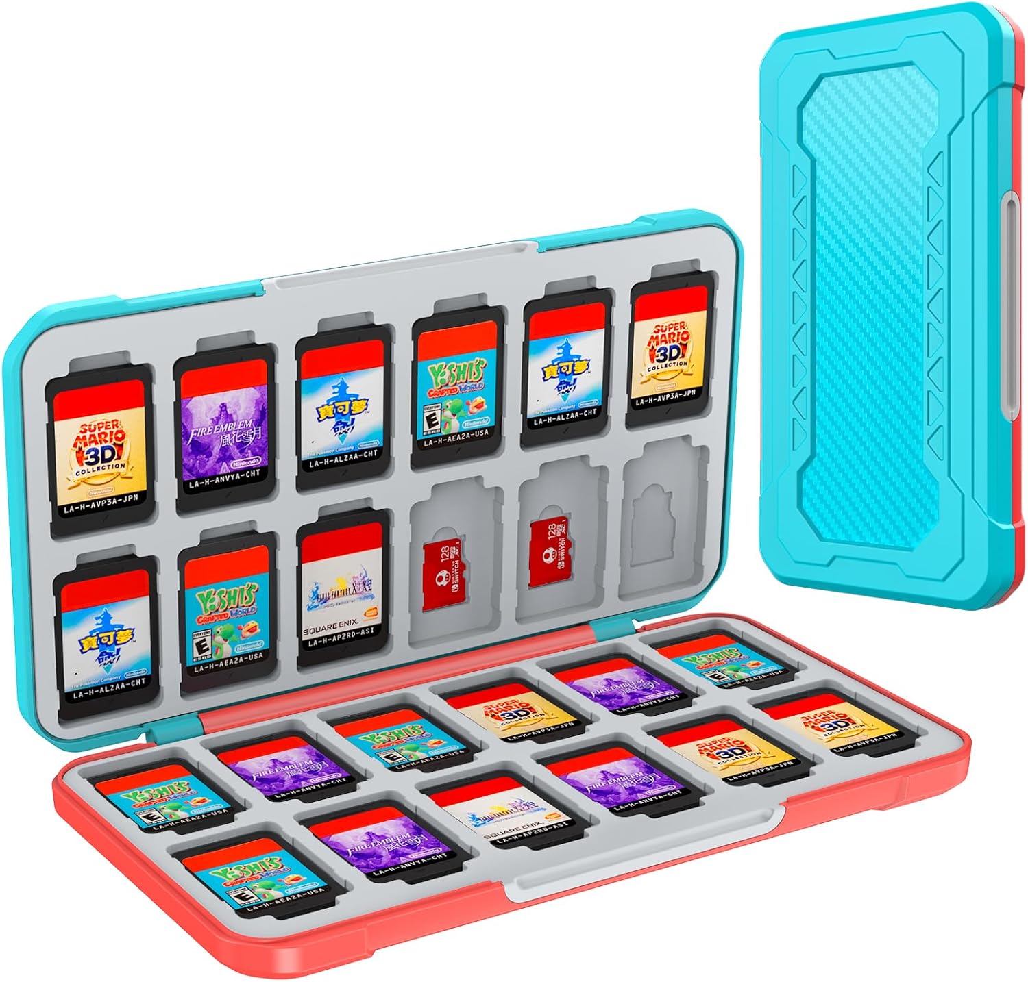 HEIYING Switch Game Case for Nintendo Switch/Lite/OLED, Memory Storage Holder Case with 24 Game Card Slots and 24 Micro SD Cards Slots (Carbon Fibre Blue Red) Thumbnail