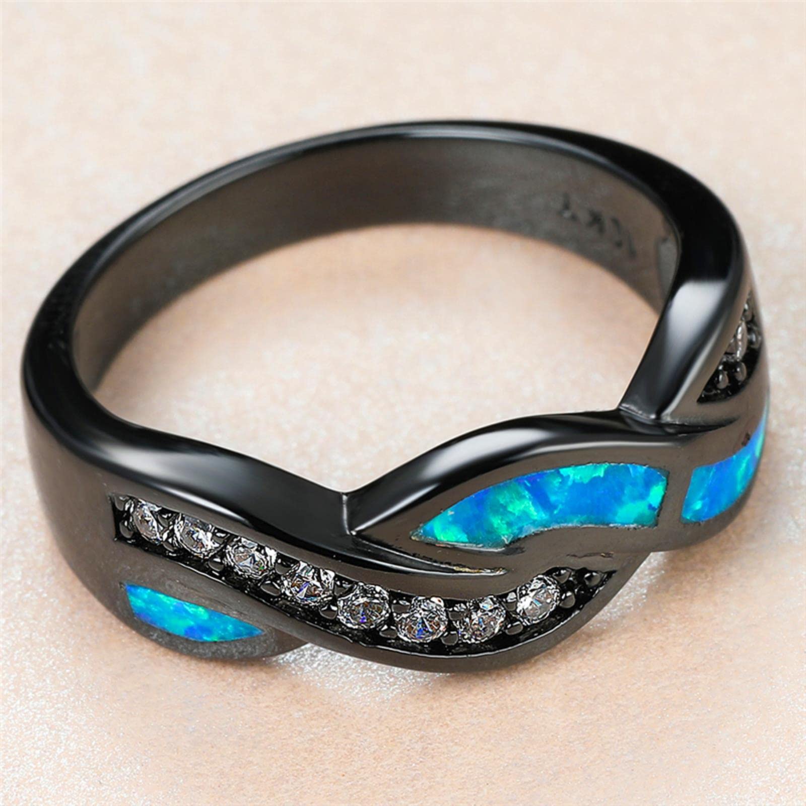 Cute Female Blue Opal Stone Ring Charm Black Gold Wedding Rings For Women Bride Crystal Infinity Engagement Ring