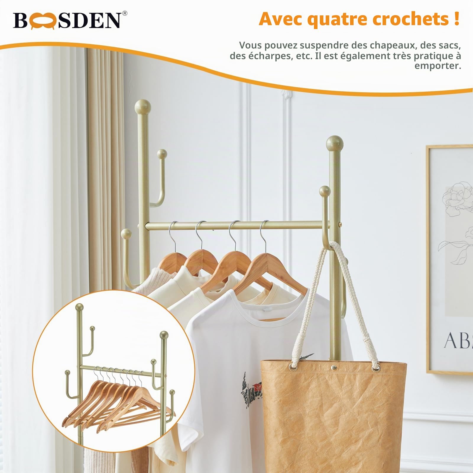 BOOSDEN Porte Vetements pour Chambre, Métal, Doré | pour le Salon, le Couloir, la Chambre, le Bureau, Porte-Vêtements Mobile avec 4 Crochets, 61x33.3x172cm, doré