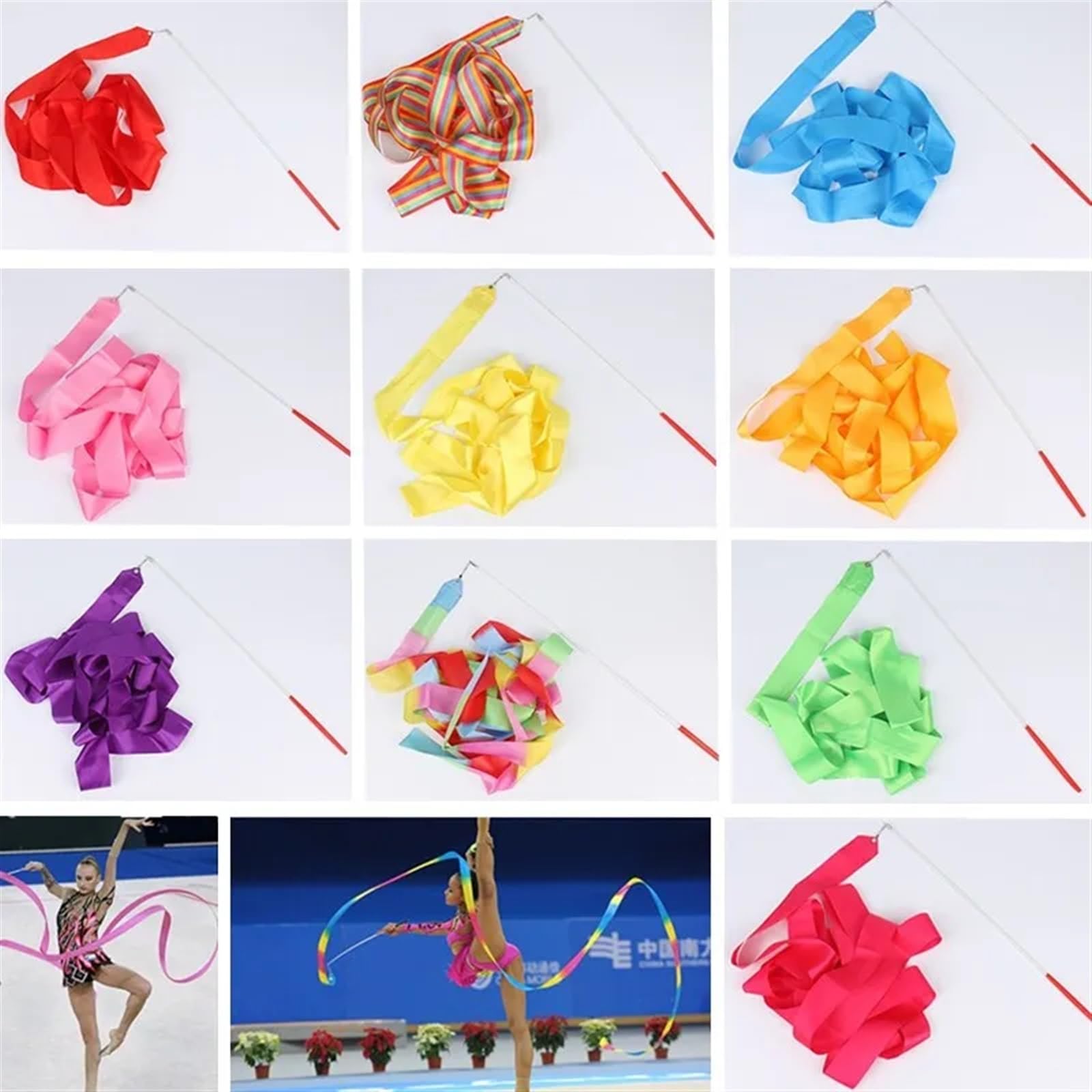 Wstążka do tańca， 2/4/6m Kolorowe wstążki gimnastyczne Baton Rytmiczna gimnastyka artystyczna Taśma Streamer Twirling Rod Rainbow Stick Training(Rose,6M)