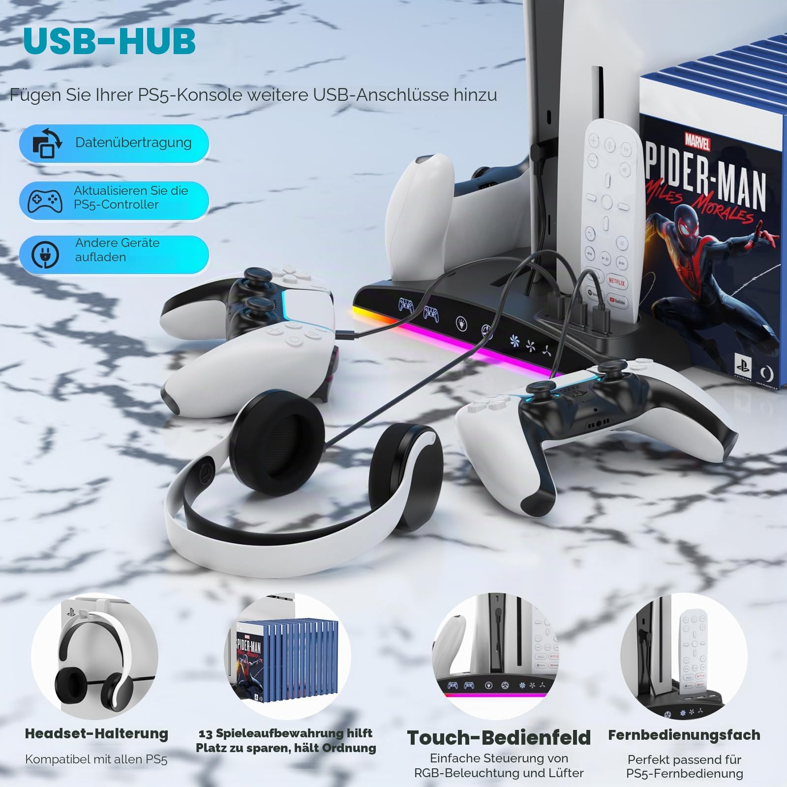 PS5/PS5 Slim Ständer mit 3 Stufigem Lüfter und RGB-Licht, 3 USB-Ports/Controller-Ladestation/Headset-Halter/Remote-Steckplatz/13 Spiele-Aufbewahrung