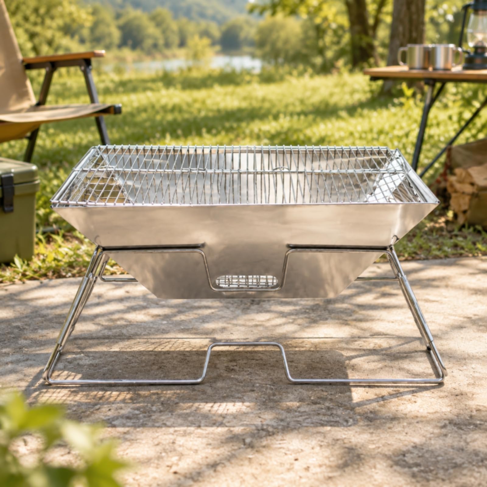 Milageto Parrilla Plegable Carbón Acero Inoxidable Compacta Parrilla Portátil con Rejilla Cocción Ligera Portátil Carbón para Camping, Fogatas