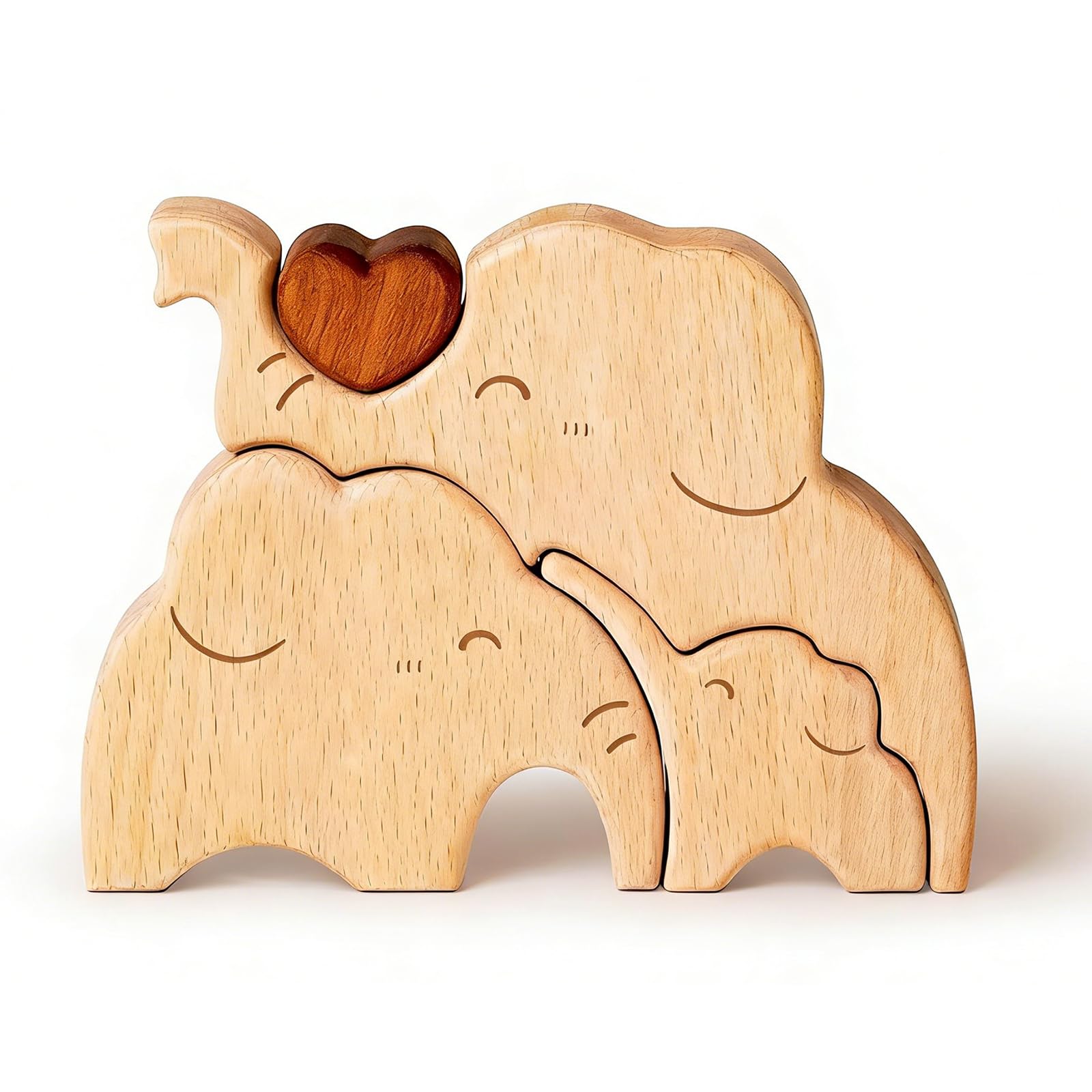 Zorvix Elephant Wooden Puzzle Figurine Decorative Home Accessories of a Family of Three, Cute Living Room Accessories, Heartwarming Family Room Decor for Home and Desk Display, 14x12Cm